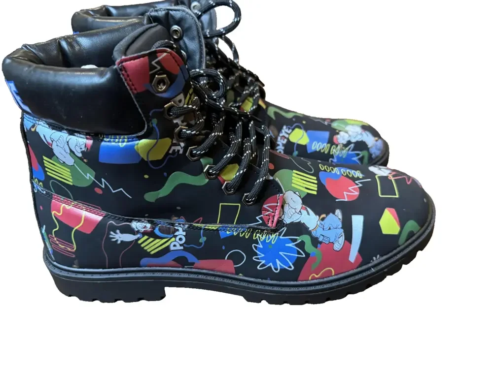 Reason Brand Boots Mens Size 11 Black Popeye Graphic Lug Sole Lace Up Ankle